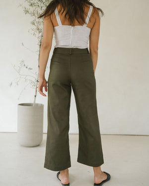 olive coloured wide-leg crop pants with belt loops and front pockets
