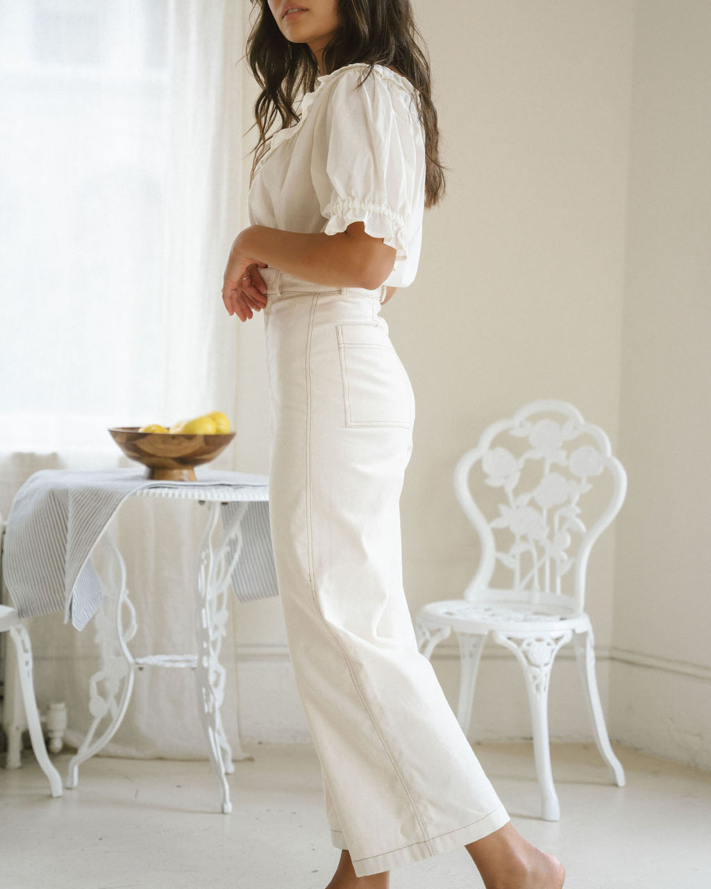 high-waisted wide leg pants in a creamy white
