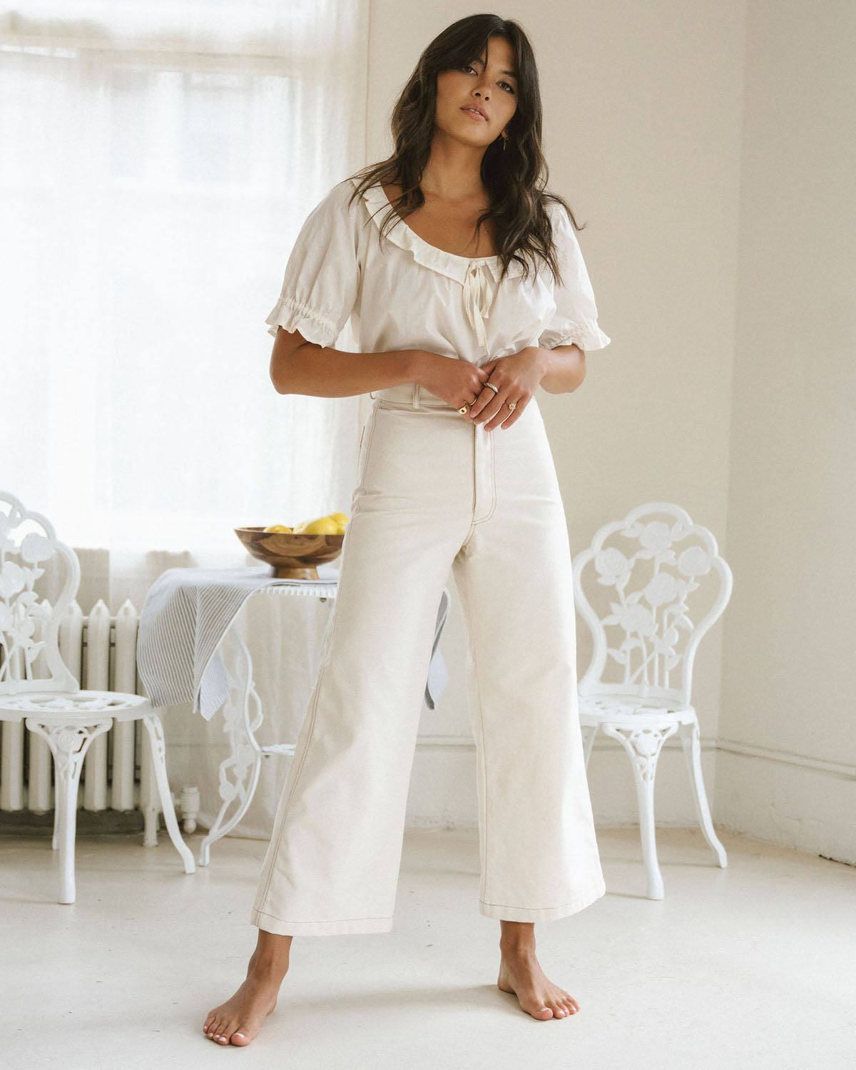 high-waisted wide leg pants in a creamy white
