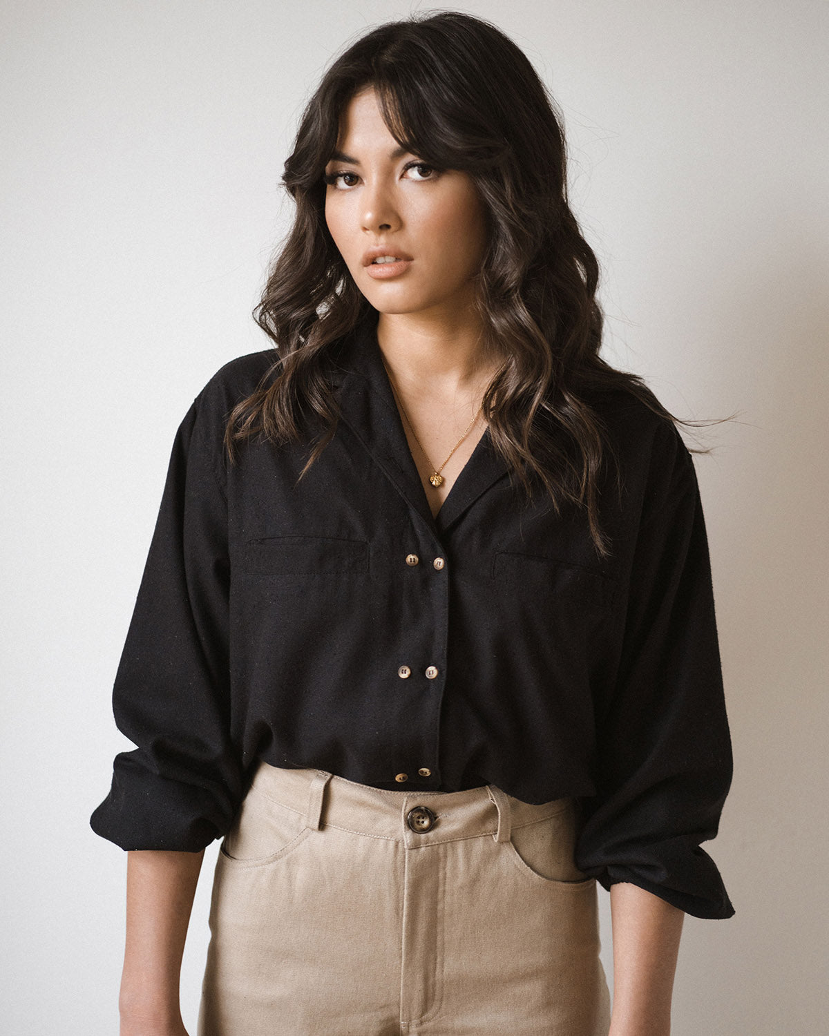 Black button-up made from raw silk