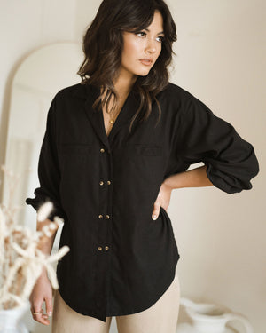 Black button-up made from raw silk