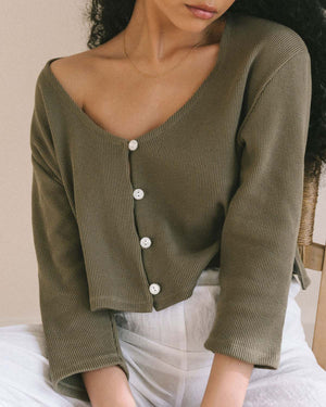3/4 sleeve olive coloured blouse with button front, made from 100% organic cotton