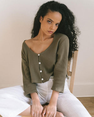 3/4 sleeve olive coloured blouse with button front, made from 100% organic cotton