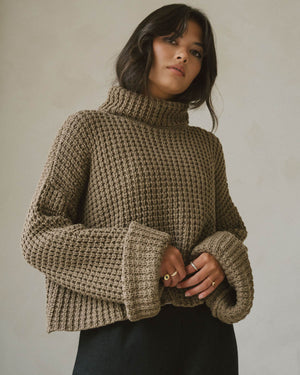 bark coloured cowl neck knit sweater made from cotton, has wide sleeves