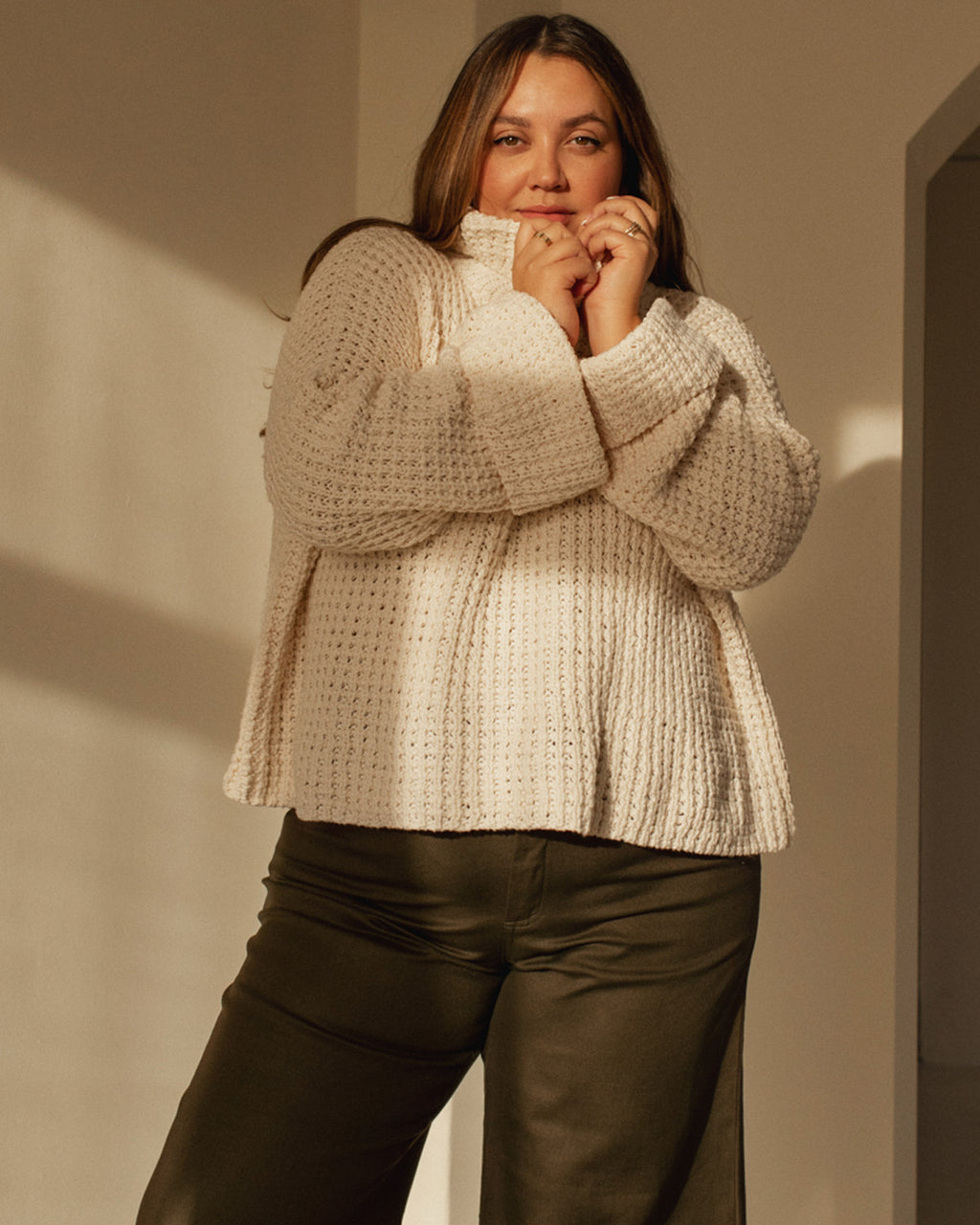 cream mockneck sweater made from cotton, wide sleeves
