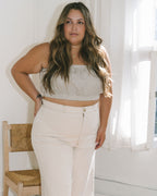 taupe check patterned, linen cropped tank with adjustable straps