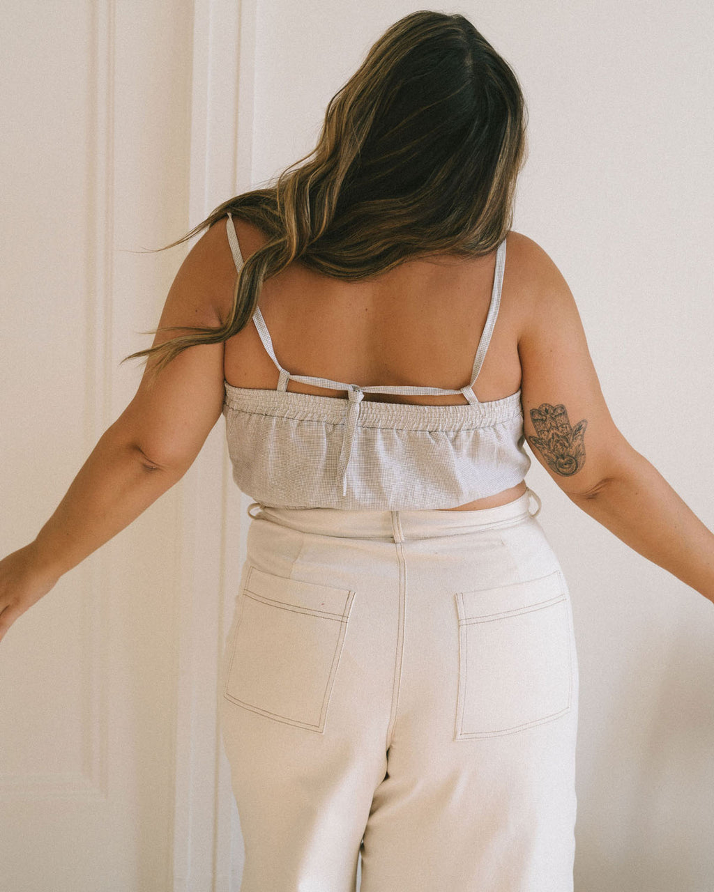 taupe check patterned, linen cropped tank with adjustable straps