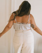 taupe check patterned, linen cropped tank with adjustable straps