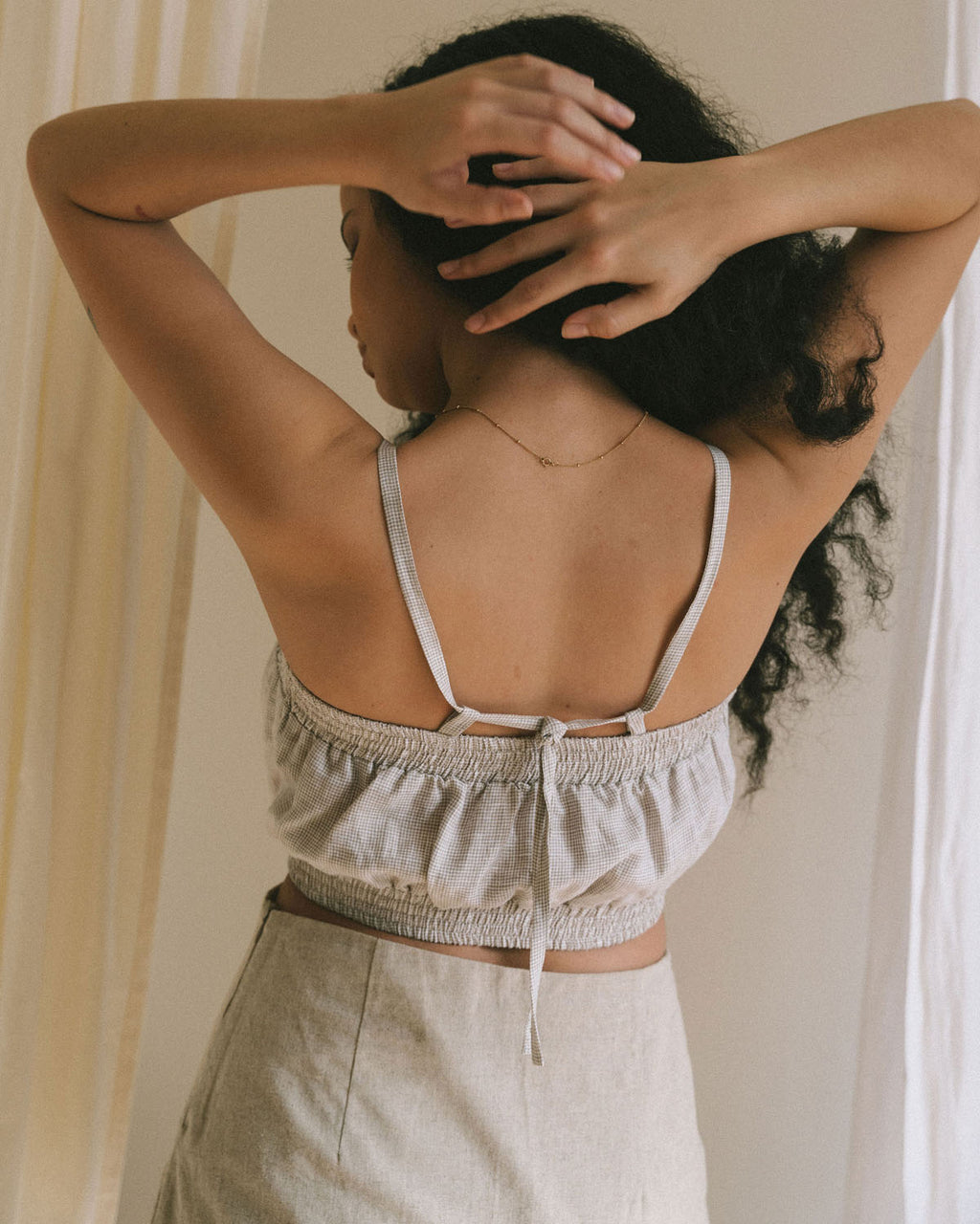 taupe check patterned, linen cropped tank with adjustable straps