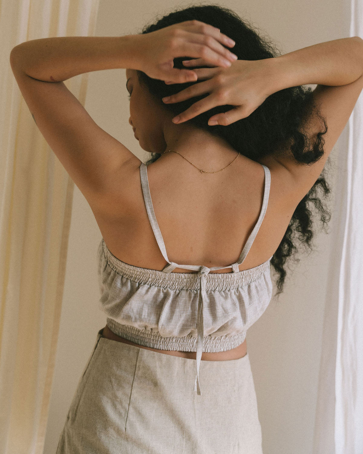 taupe check patterned, linen cropped tank with adjustable straps