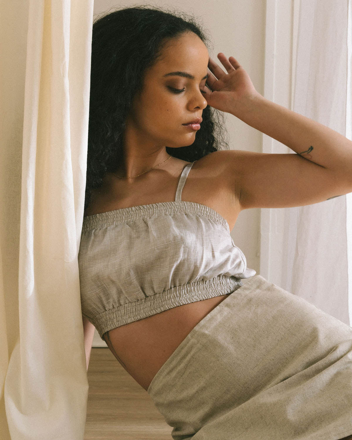 taupe check patterned, linen cropped tank with adjustable straps