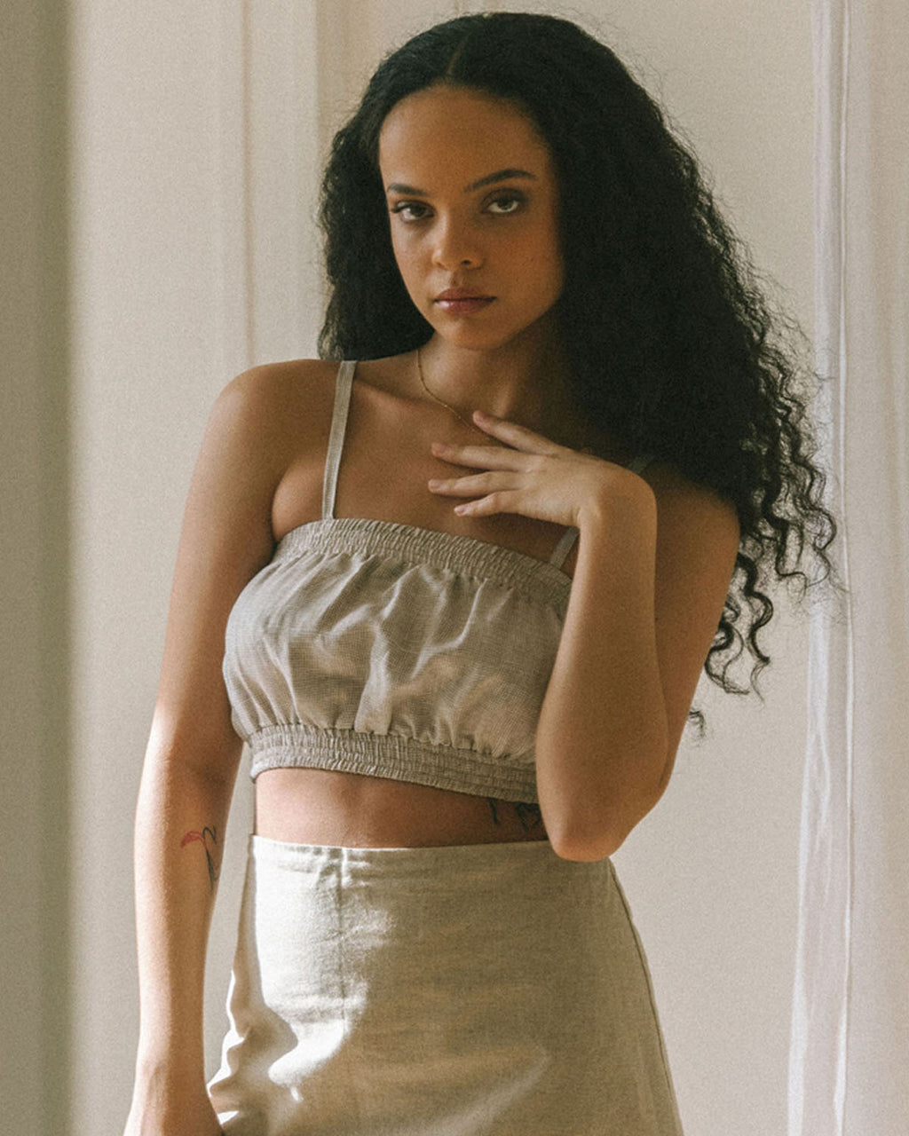 taupe check patterned, linen cropped tank with adjustable straps