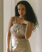 taupe check patterned, linen cropped tank with adjustable straps