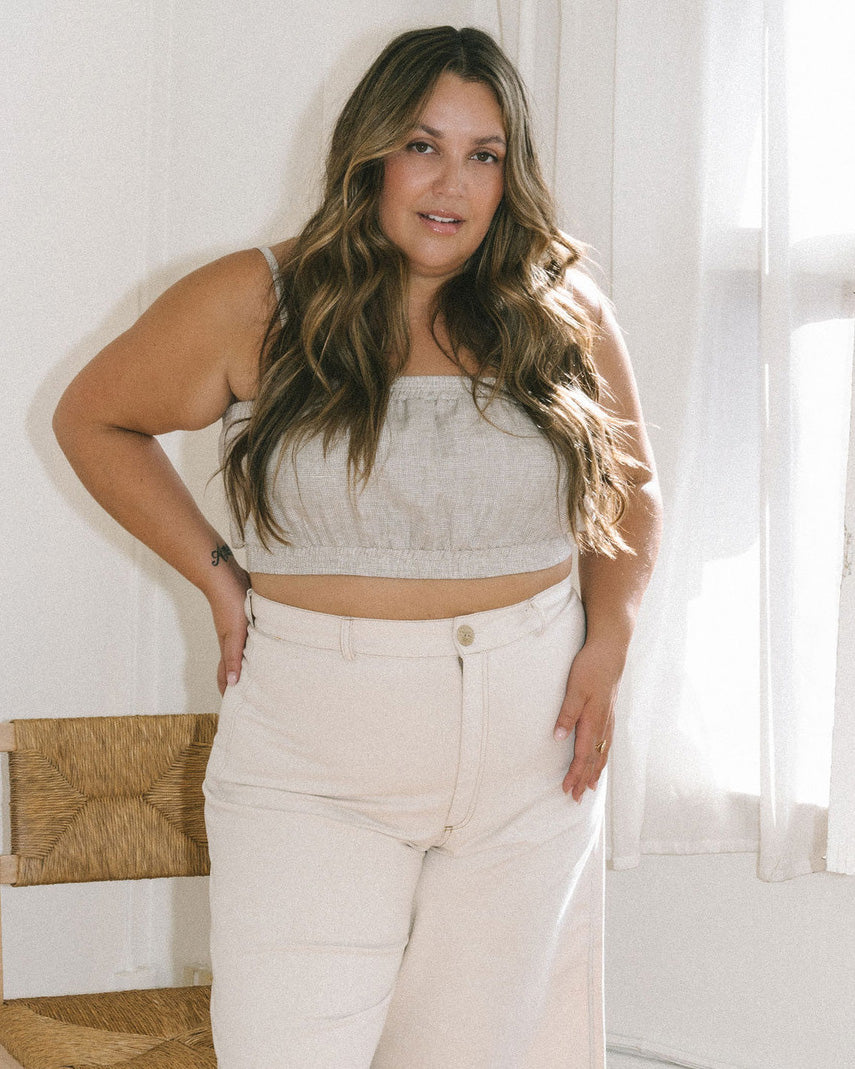 taupe check patterned, linen cropped tank with adjustable straps