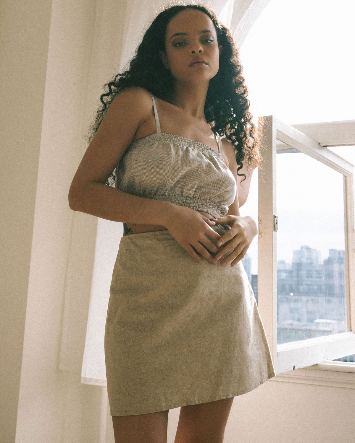 beige a-line skirt made from organic linen and organic cotton