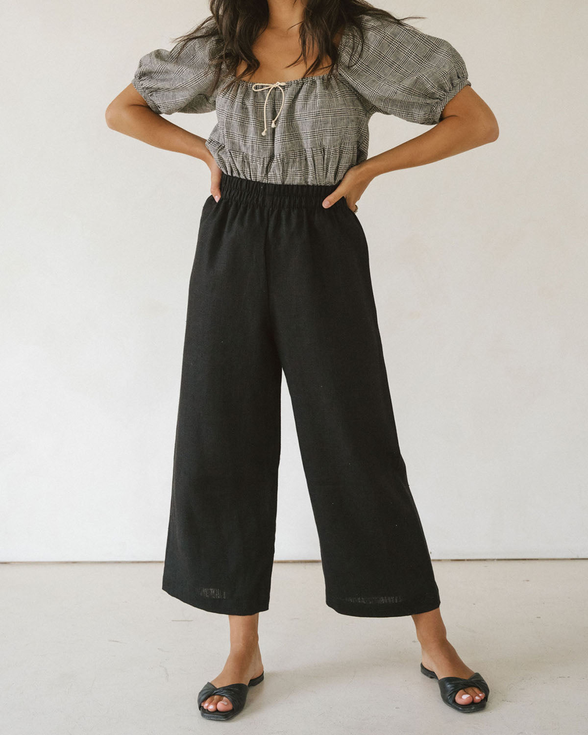 black cropped wide leg pants with elastic waistband