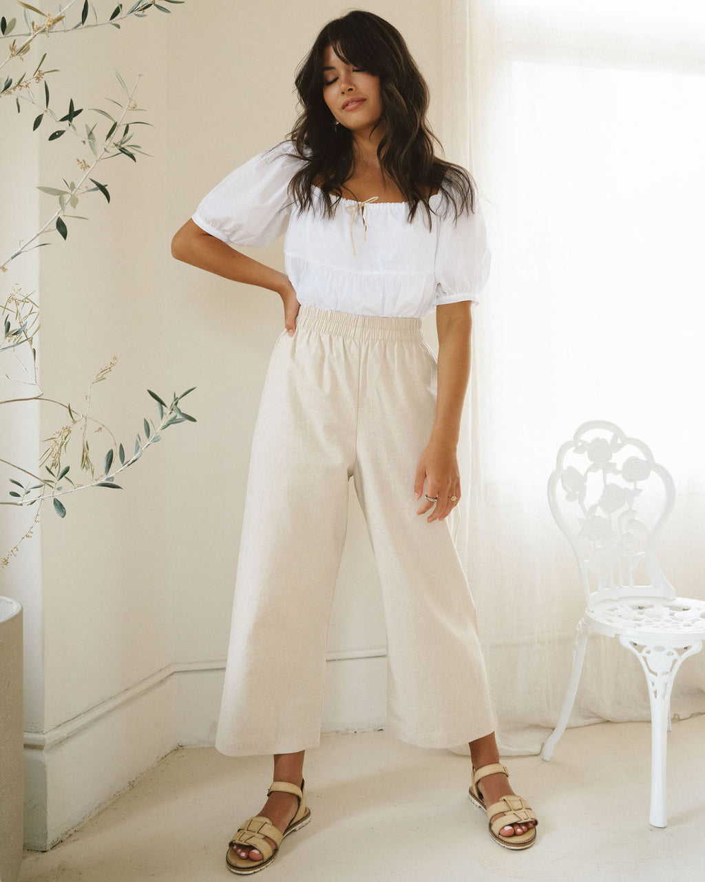beige wide-leg, cropped pants with elastic waistband