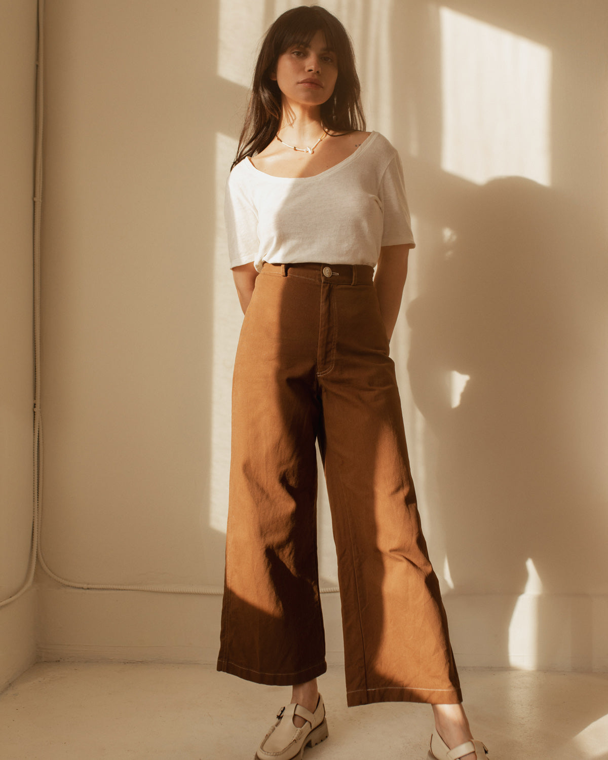 high-waisted wide leg pants in brown