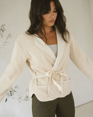 beige tie front jacket with waffle texture and pockets