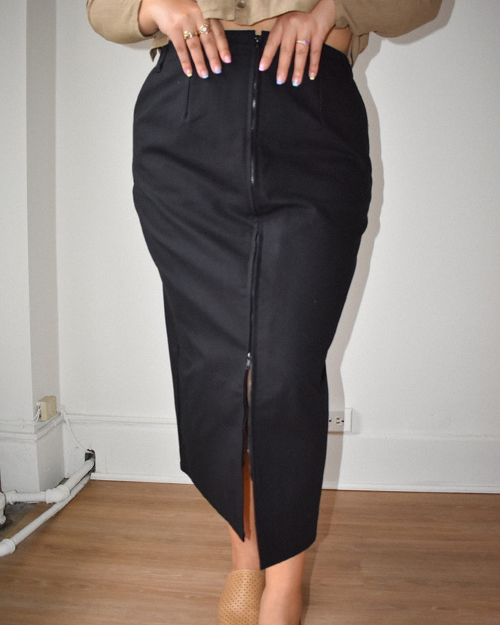 black skirt with zipper front