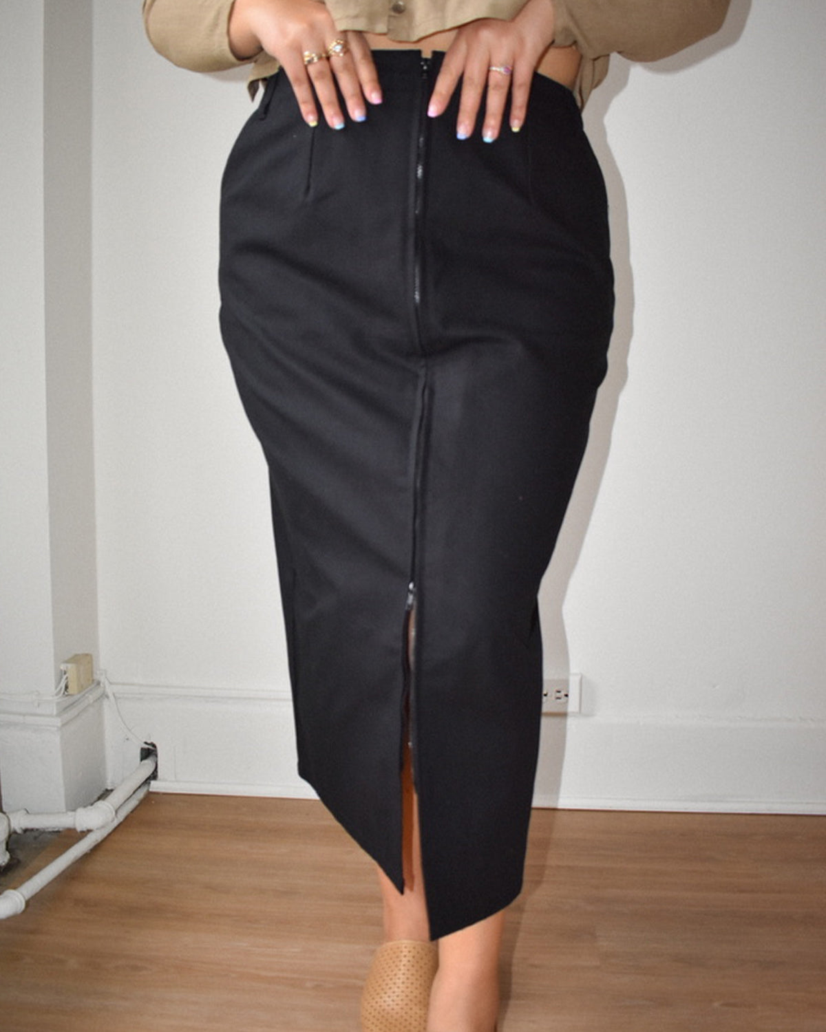 black skirt with zipper front